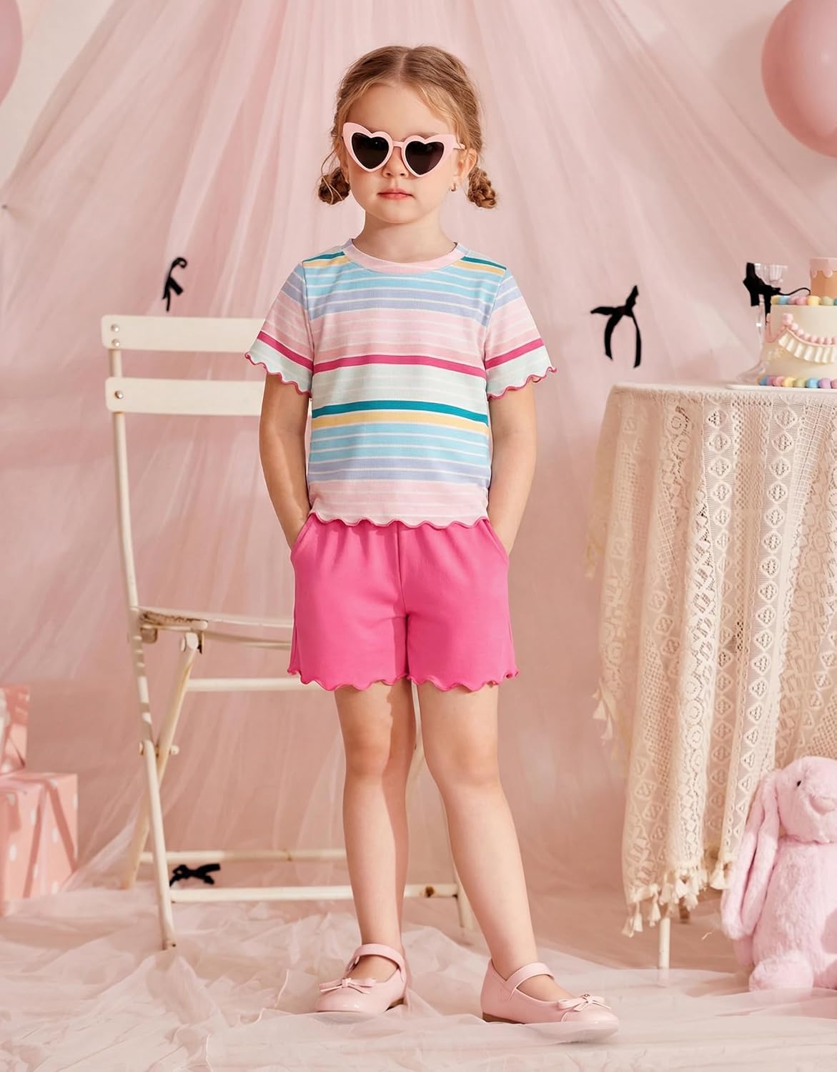 Arshiner Toddler Girls Clothes Ruffle Short Sleeves Crewneck Tops and Shorts with Pockets Cute Summer 2 Pieces Short Sets - Image 3