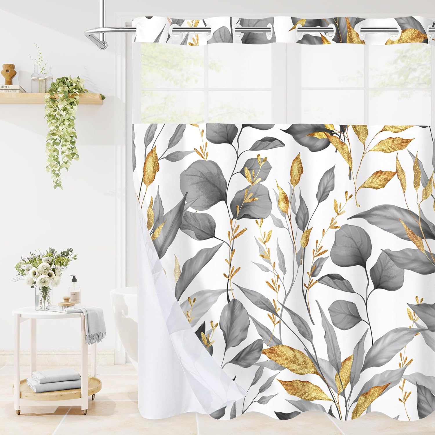 Litabel No Hooks Grey Gold Plant Leaves Shower Curtain Set with Snap-in Liner, Hotel Tropical Floral Art Printed Double Layer Fabric, Modern Style with See Through Window Bathroom Decor 72 x 74