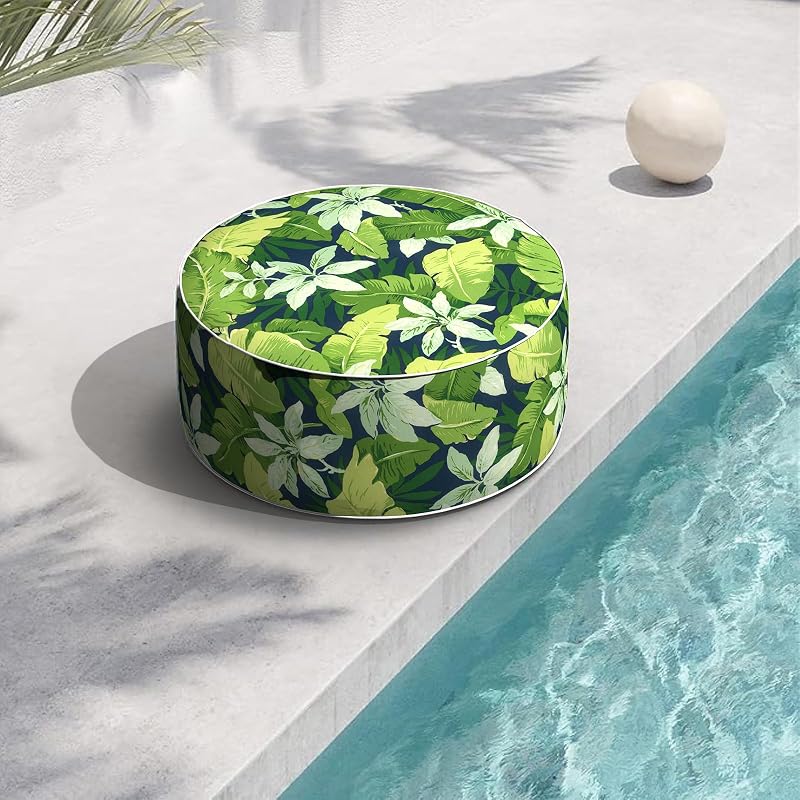 Indoor/Outdoor Inflatable Ottoman with Handle, Decorative Fade-Resistant Round Footstool D21 x H9 inch, Portable Ottoman Pouf for Patio Garden Camping, Jungle Leaves