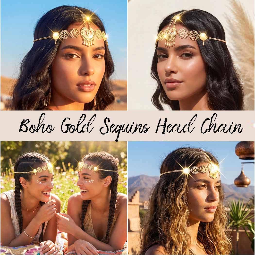 Yokawe Boho Gold Head Chain Jewelry Sequins Headpieces Bohemian Costume for Women