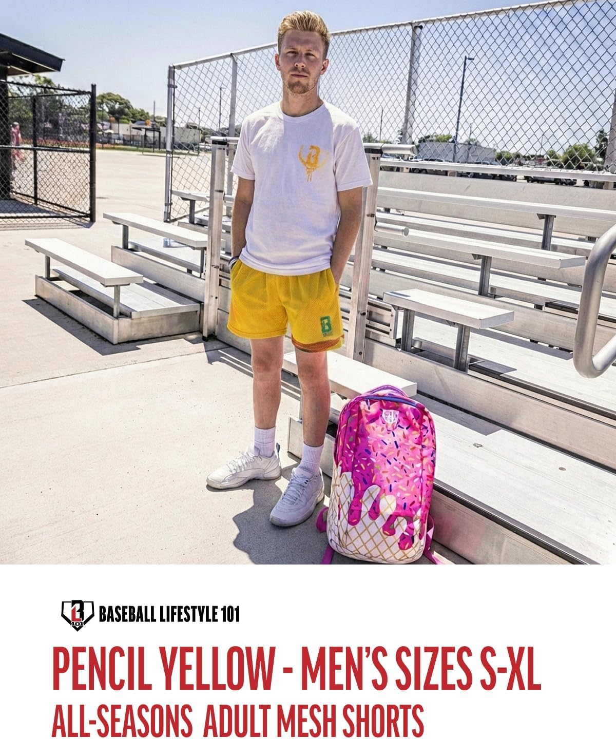 Baseball Lifestyle 101 Men's Pencil Mesh Shorts with Side Pockets and Elastic Waist, 5 inch Inseam, Adult Sizes S-2XL