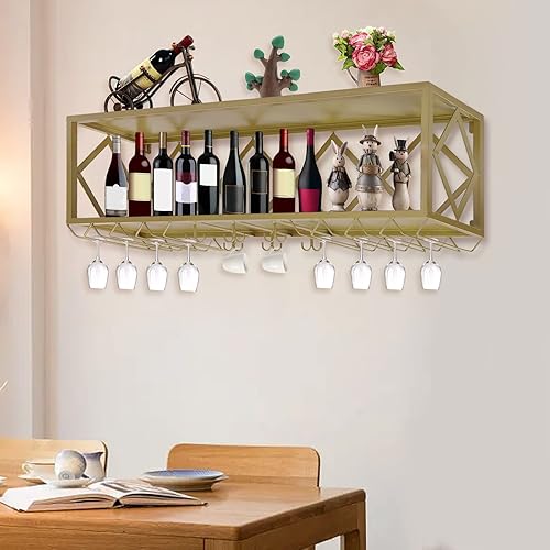 Miniatura 4 de Estantes de vino montados en la pared, estantes flotantes para copas de vino invertidas, soporte multifuncional para botellas de hierro, estante