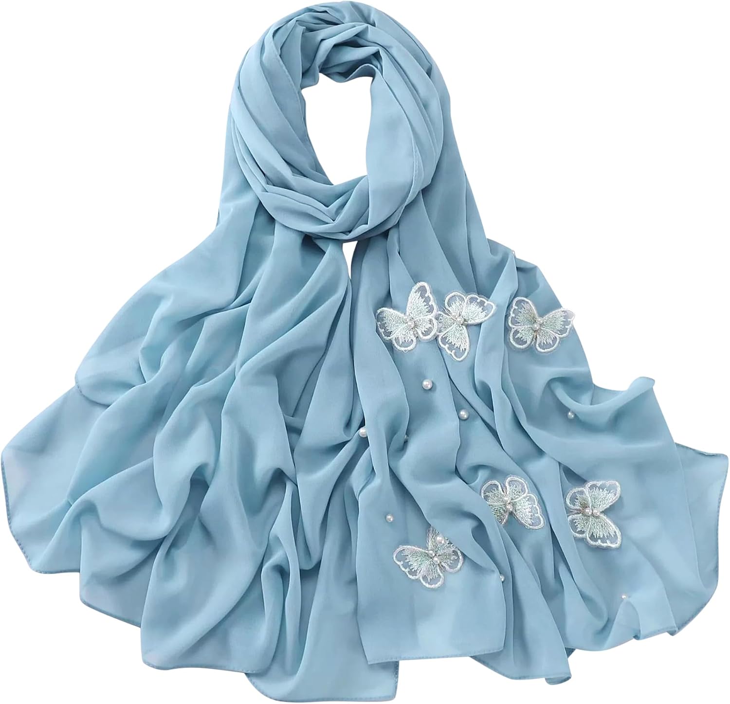 Muslim Prayer Hijab for Women Lightweight Pearl Chiffon Scarfs 3-D Butterfly Embroidery with Glitters Beads Islamic Hijab