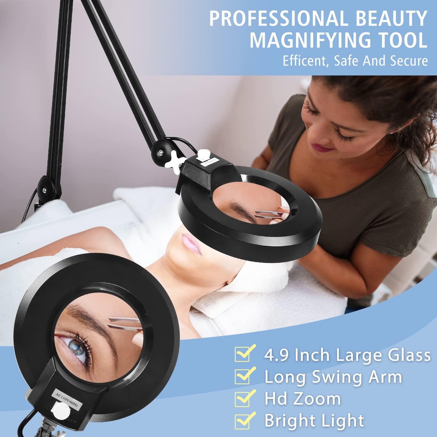 LANCOSC 10X Magnifying Glass with Light and Stand, Floor Lamp with 5-Wheel Rolling Base for Facials Lash Estheticians, 2,200 Lumens Dimmable LED Lighted Magnifier for Reading Sewing Crafts - Black