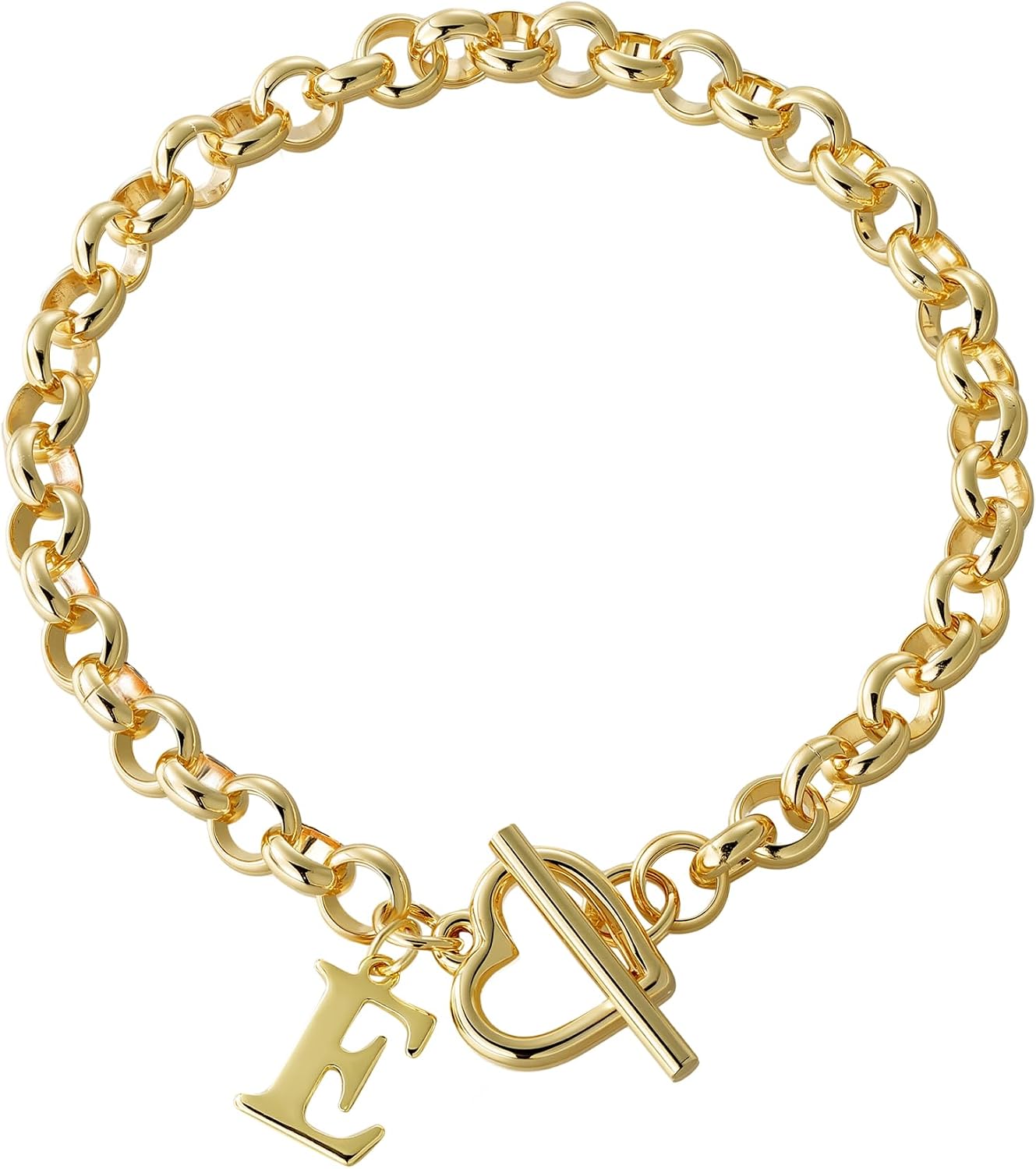 Gold Initial Bracelet for Women, 14K Gold Plated Heart Charm Bracelet with A-Z Alphabet Letter, Dainty Stainless Steel Rolo Chain Jewelry with Heart Toggle Clasp, Personalized Birthday Gift for Her