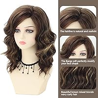 Vista 3 de SEVENCOLORS Medium Length Brown Wigs for White Women Natural Curly Brown Mixed Blonde Wigs Synthetic Hair Wavy Layered Bob Wig Negro