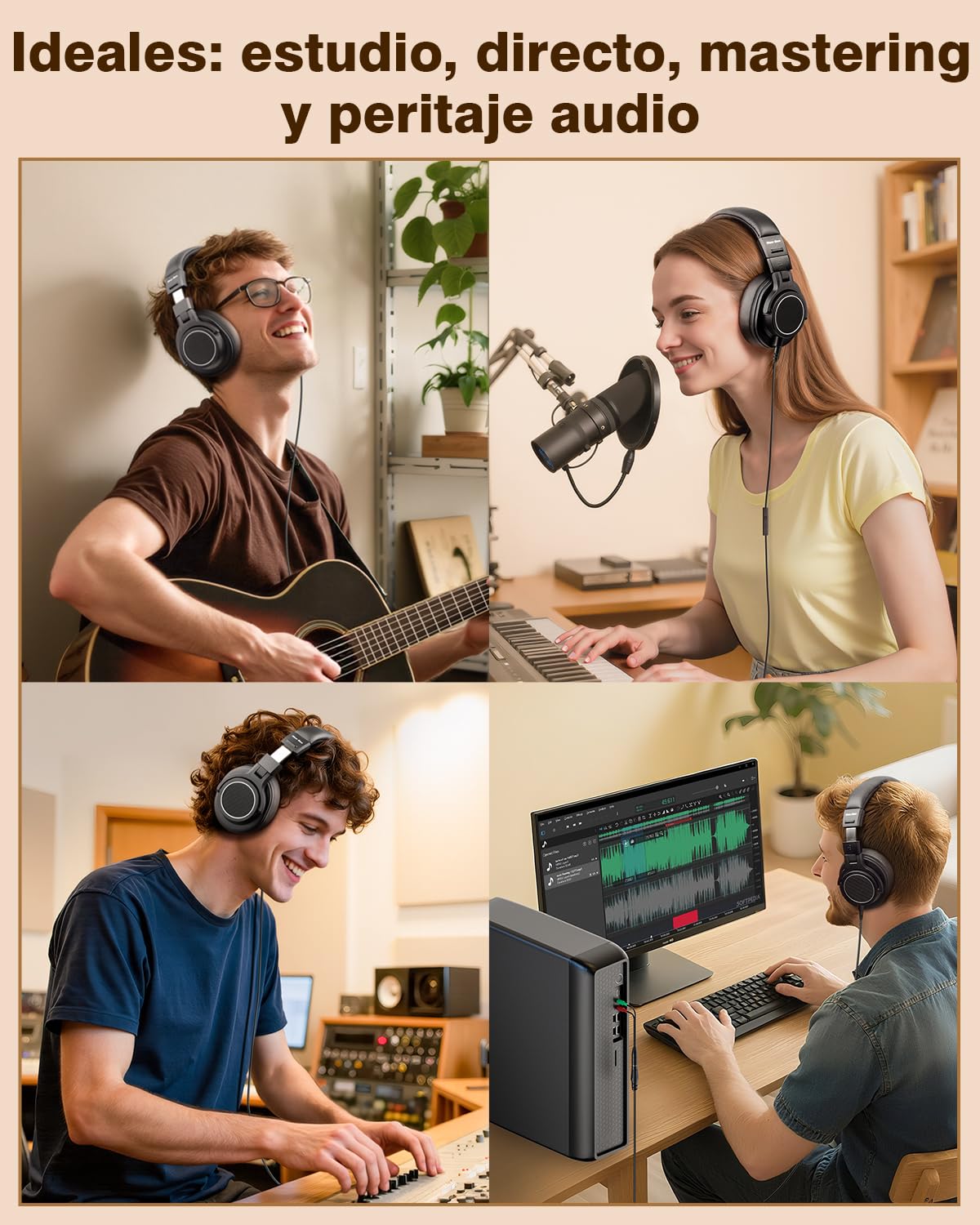 New Bee - Auriculares de estudio, auriculares over-ear con controladores de 50 mm y cable, auriculares de cable con conector de 6,35 y 3,5 mm para estudio, DJ, podcast, monitor