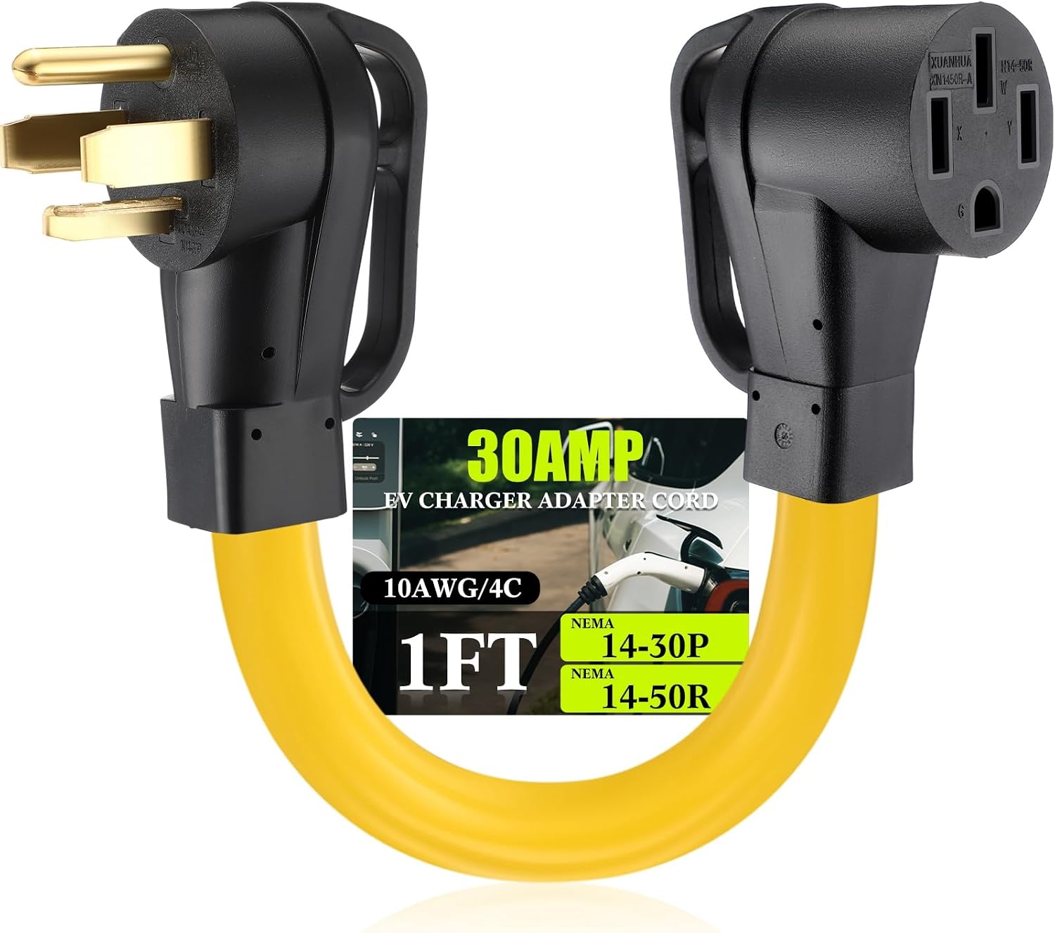 Tellegloww NEMA 10-30P to 14-50R EV Charger Adapter Cord, 30 Amp 3 Prong Male Dryer to 50 Amp 4 Prong Female EV Compatible with Tesla for Level 2 Charging with Handle, STW 10 AWG, 1FT, ETL Listed