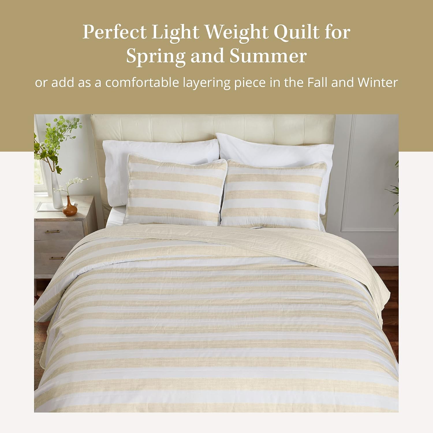 3 Piece Full/Queen Quilt Set with Sham | Soft & Breathable for Spring & Summer | All-Season Multi Layer Coverlet | Lightweight Bedspread | Boho Stripes | Bettina Collection (Full/Queen, Parchment)