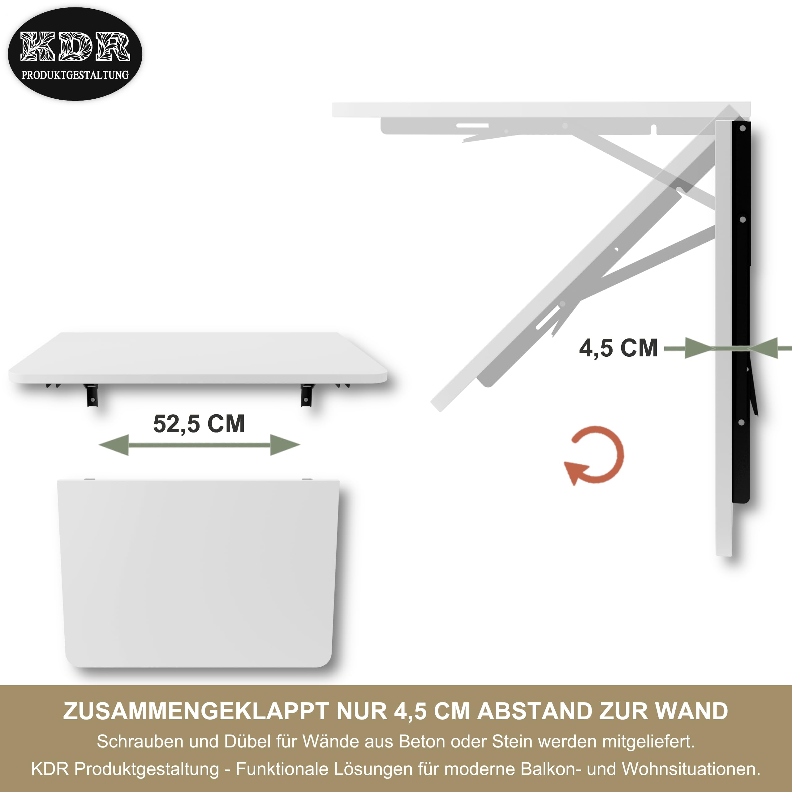 Wandklapptisch Schreibtisch Tischplatte 70x50 cm Klapptisch Esstisch Küchentisch für die Wand Bartisch Stehtisch Wandtisch Tisch klappbar zur Wandmontage (Weiß)
