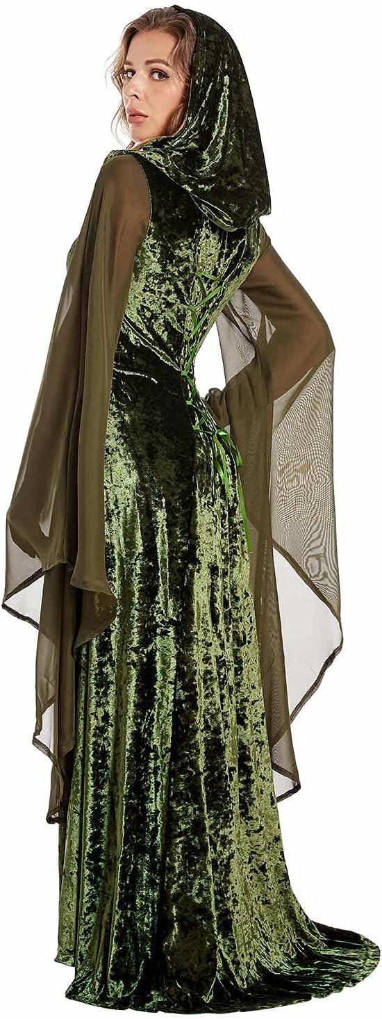 Sinastar Womens Medieval Dress Costume Hooded Lace Up Renaissance Velvet Trumpet Sleeve Gothic Green Gown - Image 4