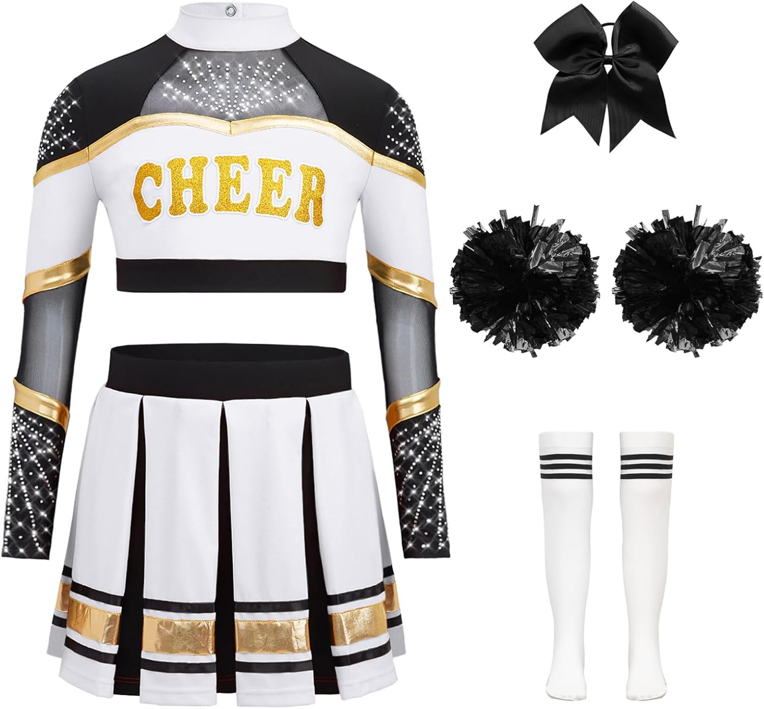Jhaoyu Kids Girls Cheer Leader Uniforms Long Sleeve Top with Pleated Skirt Cheerleading School Dress Outfits