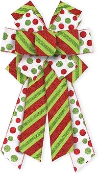ABTOLS Large Christmas Bows for Wreath, Red Green Glitter Dot Wreath Bows Christmas Red Green Stripe Bows for Front Door, Xmas Burlap Tree Topper Bows for Christmas Indoor Outdoor Decor