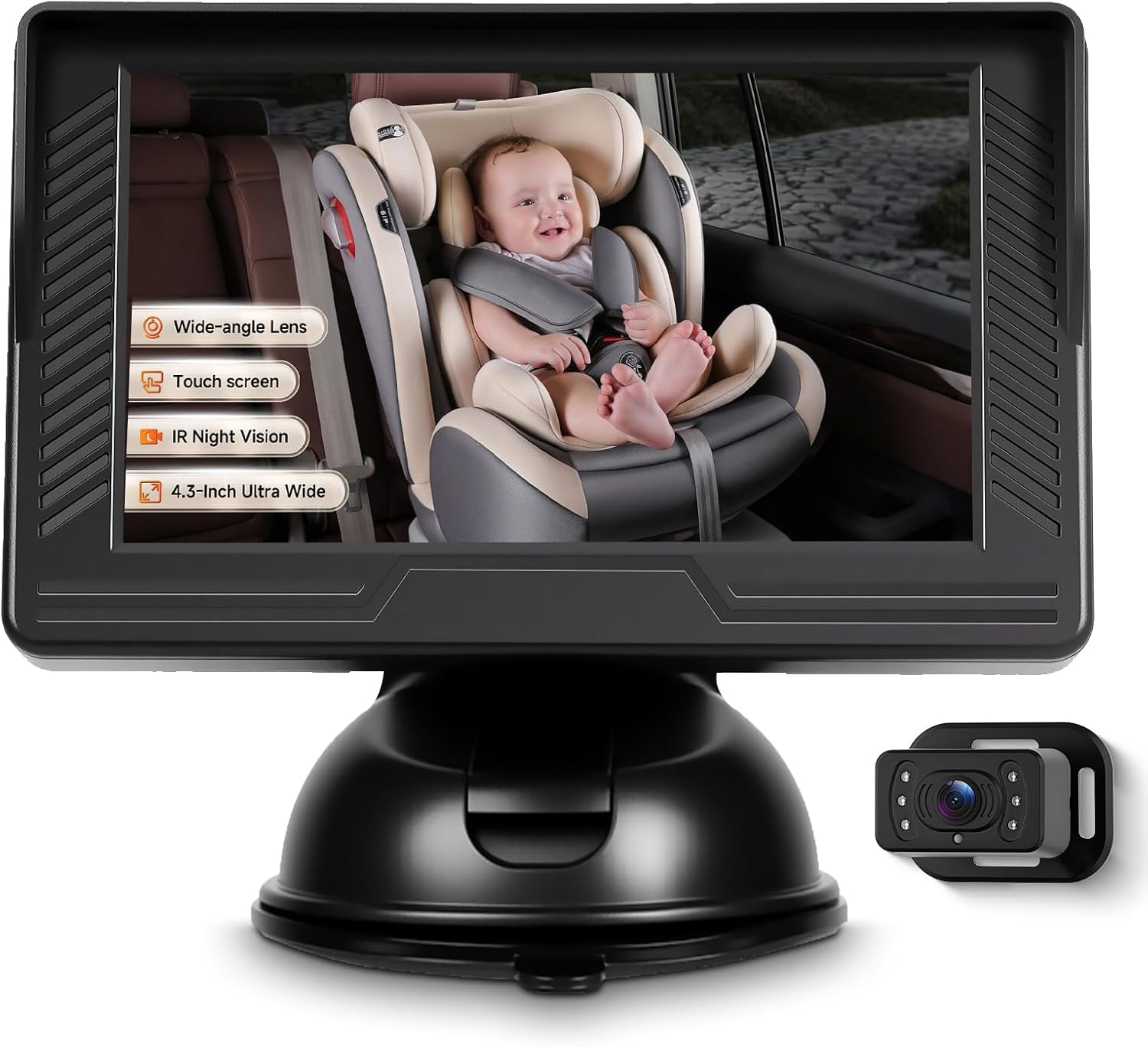 Rimoody Baby Car Camera for Backseat, 4.3” HD Display Baby Car Mirror with Night Vision Feature, Wide View Angle, Reusable Sucker Bracket, Easy Install 360° Adjustable Display