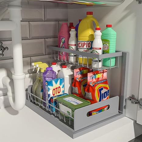 REALINN Under Sink Organizer, Pull Out Cabinet Organizer 2 Tier Slide Out Sink Shelf Cabinet Storage Shelves, Under Sink Storage for Kitchen Bathroom Cabinet, White, 1 Pack
