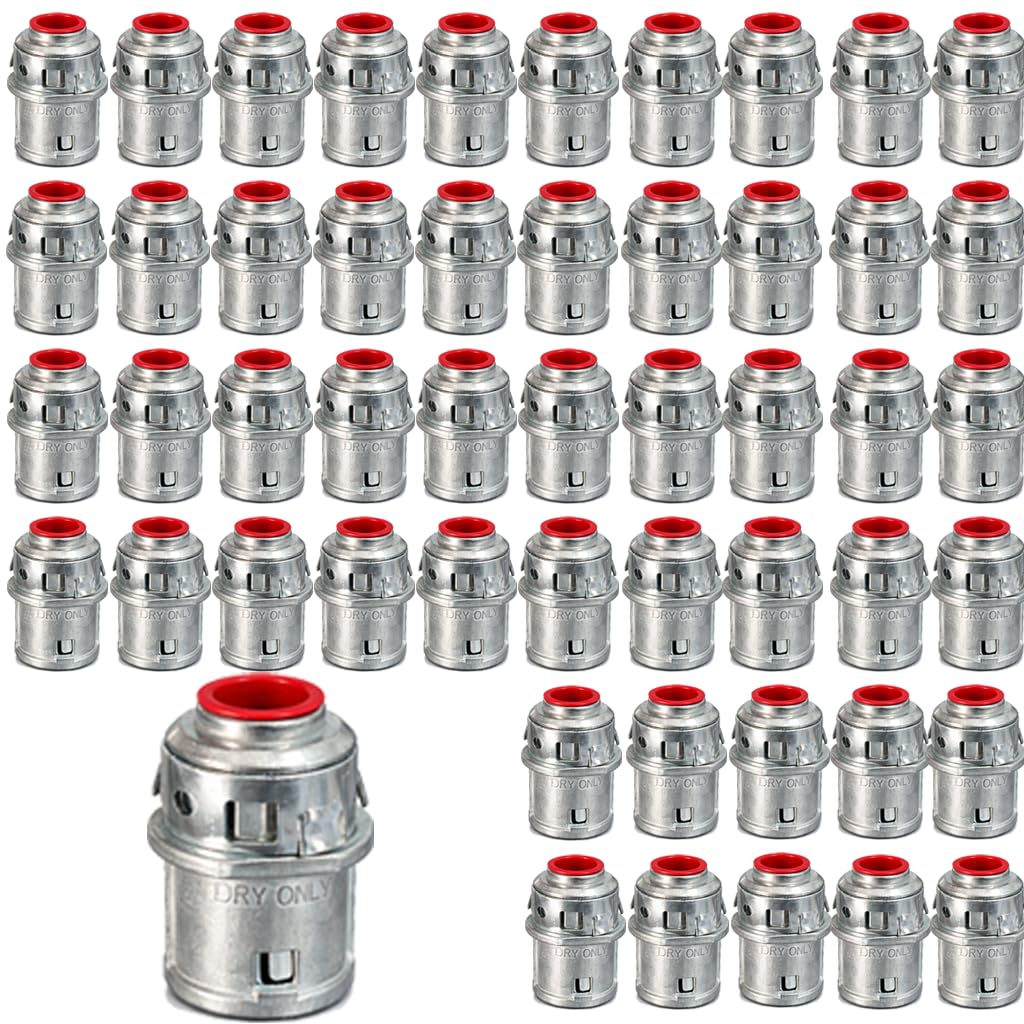 50 Packs 3/8" MC Cable Connectors, Zinc Snap-in Electrical Conduit Connectors, 1/2" Knockout Snap Lock Fittings for Steel and Aluminum Armored Cable