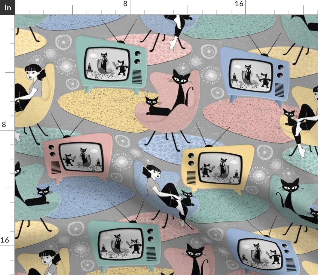 Spoonflower Fabric - 50S 1950S Pastel Television Cats Mid Century Modern Retro Novelty Printed on Petal Signature Cotton Fabric Fat Quarter - Sewing Quilting Apparel Crafts Decor