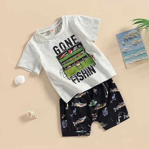 Miniatura 2 de Saliuentm Ropa de verano para recién nacido, camiseta de manga corta, cintura elástica, conjunto de pantalones cortos de pesca, 2 piezas