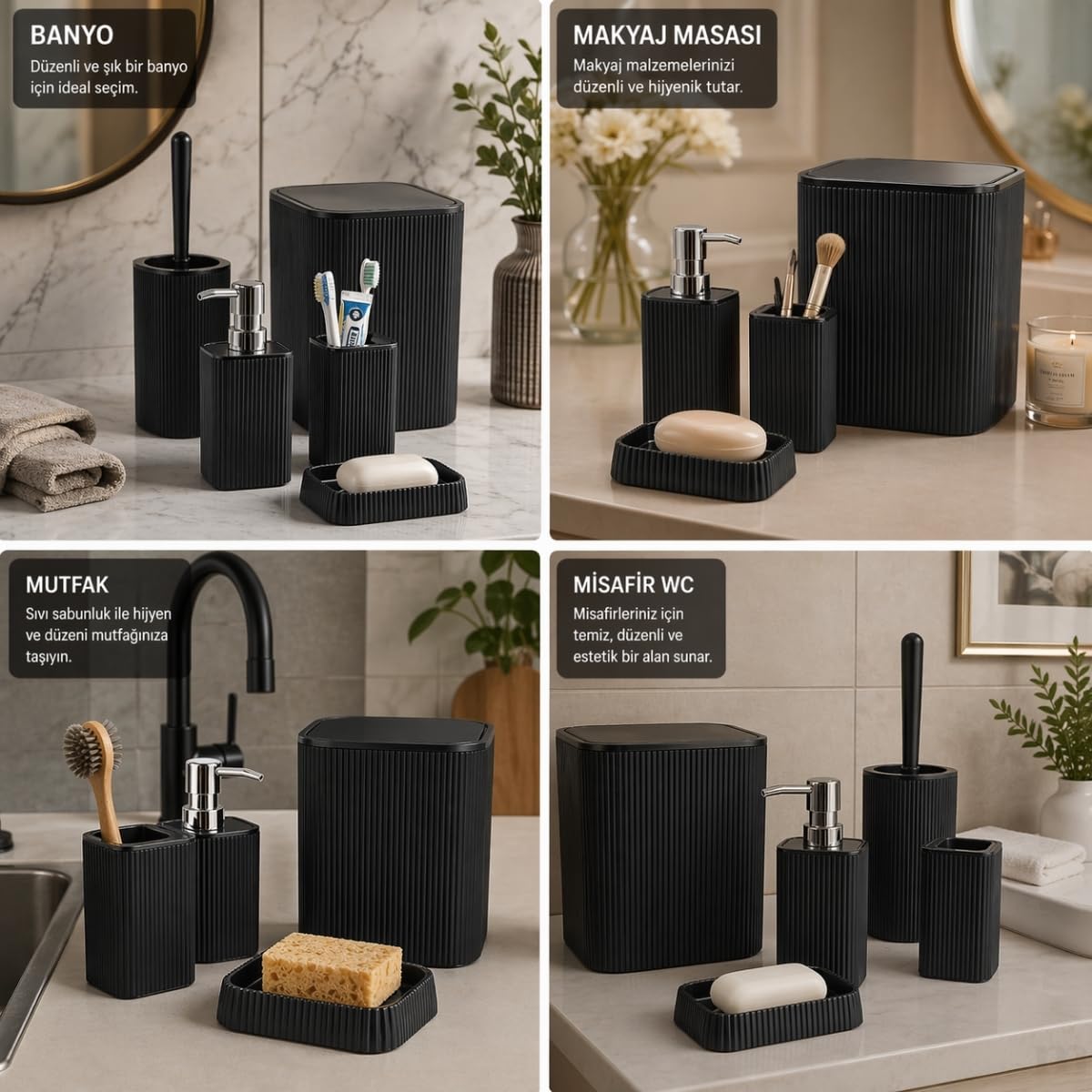 DEİNHAUS 5 Parçalı Banyo Seti, Mat Siyah, Modern Tasarım, Çöp Kovası, Tuvalet Fırçası, Sıvı Sabunluk, Diş Fırçalık, Sabunluk