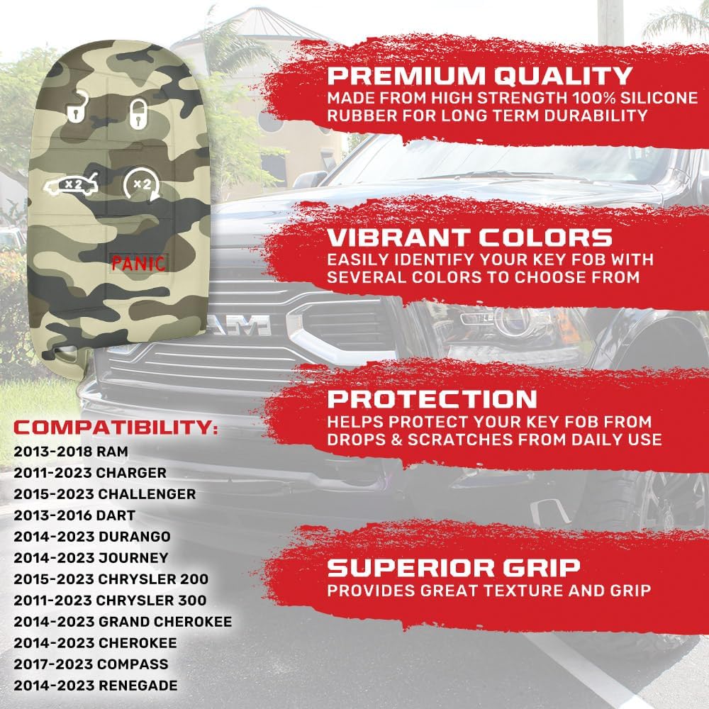 RECON Fits 13-18 Dodge RAM 1500, 2500, 3500 Premium Quality 100% Silicone Rubber Rugged Key Fob Protection Cover 5 Button with Glow in The Dark Buttons (Green Camo)