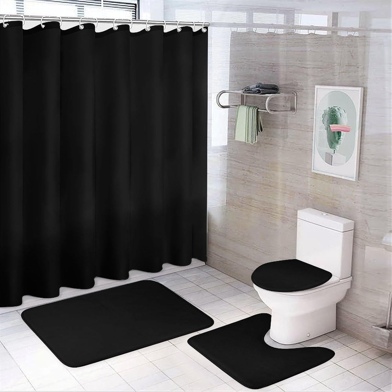 4 Piece Bathroom Rug Set with Shower Curtain, Non-Slip Bath Mat Toilet Cover Set, Black Bathroom Rug Sets