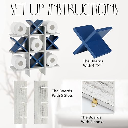 Miniatura 3 de Weysat Soporte de papel higiénico de Tic Tac Toe para decoración de pared de baño, almacenamiento colgante de madera rústica, estantes