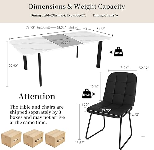 Miniatura 2 de Juego de mesa de comedor extensible para 6-8 personas, mesa de cocina MDF de 63 a 78.7 pulgadas con 6 sillas tapizadas, ahorro de espacio para Mesa