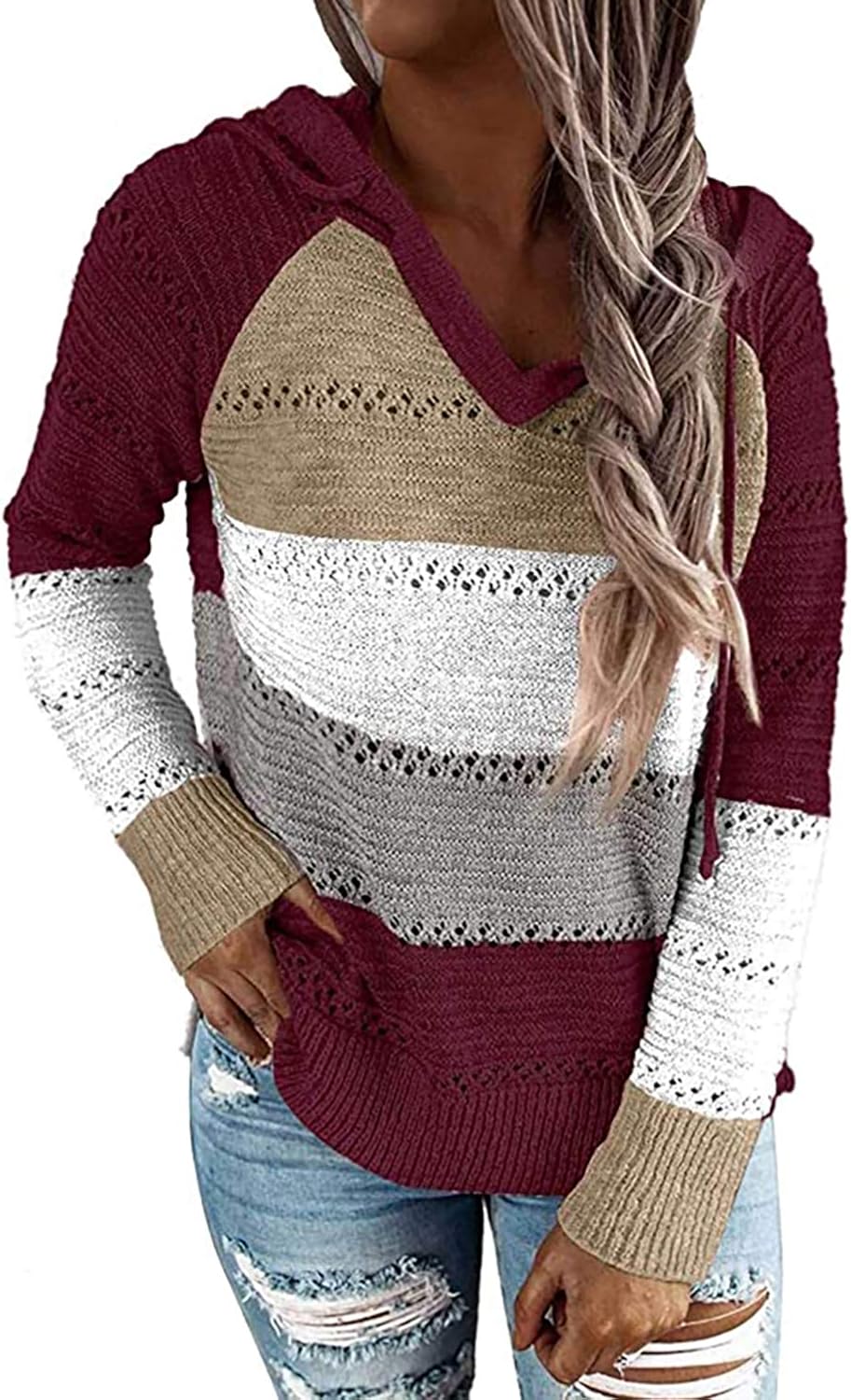 BTFBM Women Striped Color Block Sweaters Drawstring Hooded Loose Knit Hoodies Hollow Out V Neck Pullover Sweatshirts