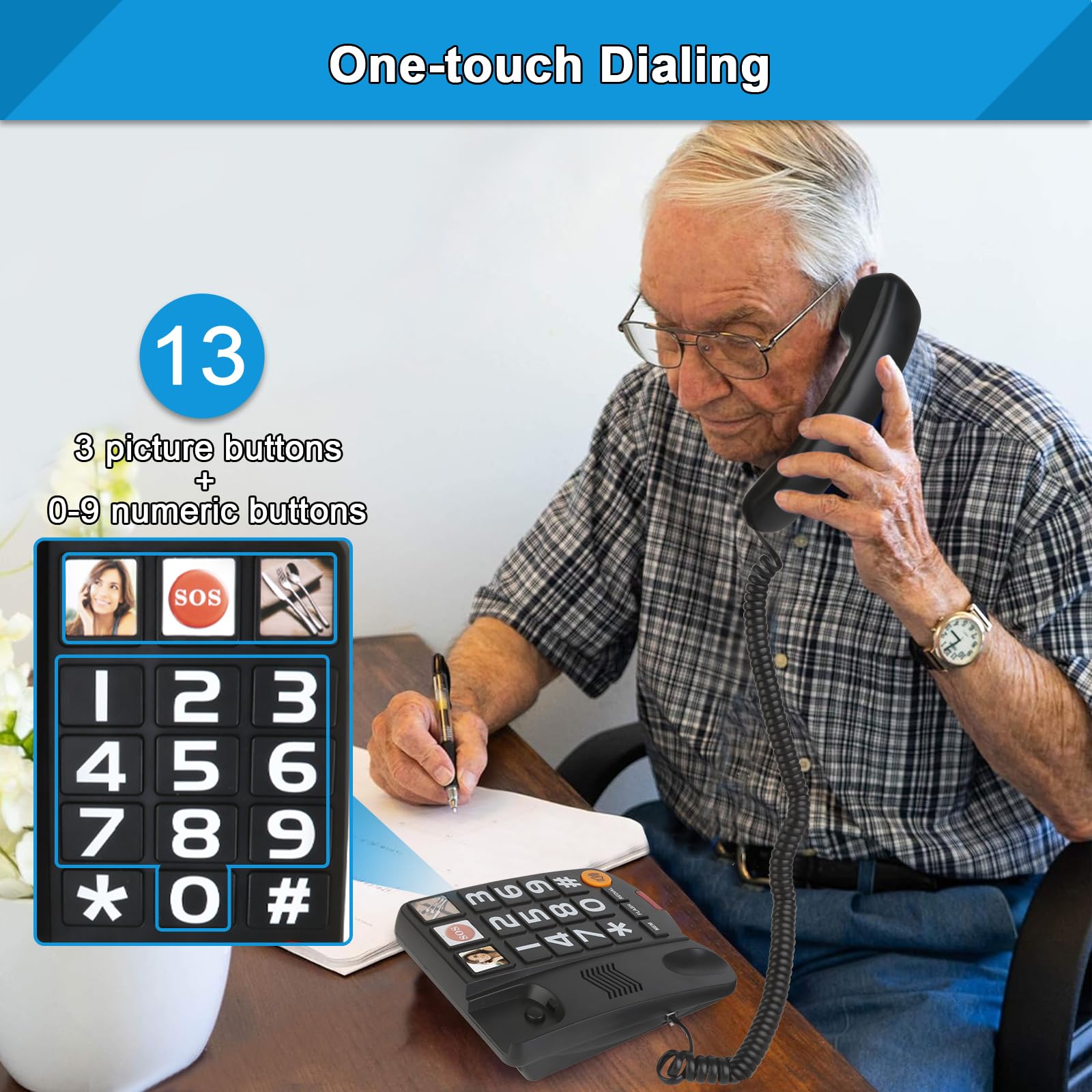 Telefoni a bottone grandi per anziani Sangyn Telefono fisso con cavo con controllo del volume Pulsante grande e composizione one-touch per suoneria amplificata per ipovedenti per ipovedenti