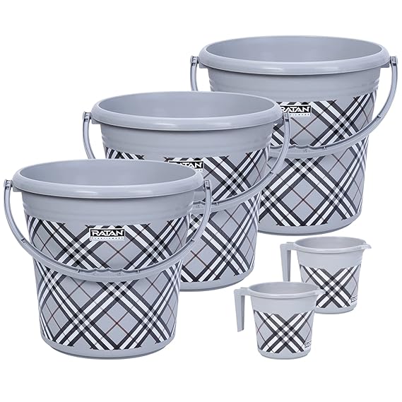 Ratan Plastics Frosty Checks Print Pack of 5 Bathroom Set (20L Bucket x 3/1.5L Mug x 2) - Grey