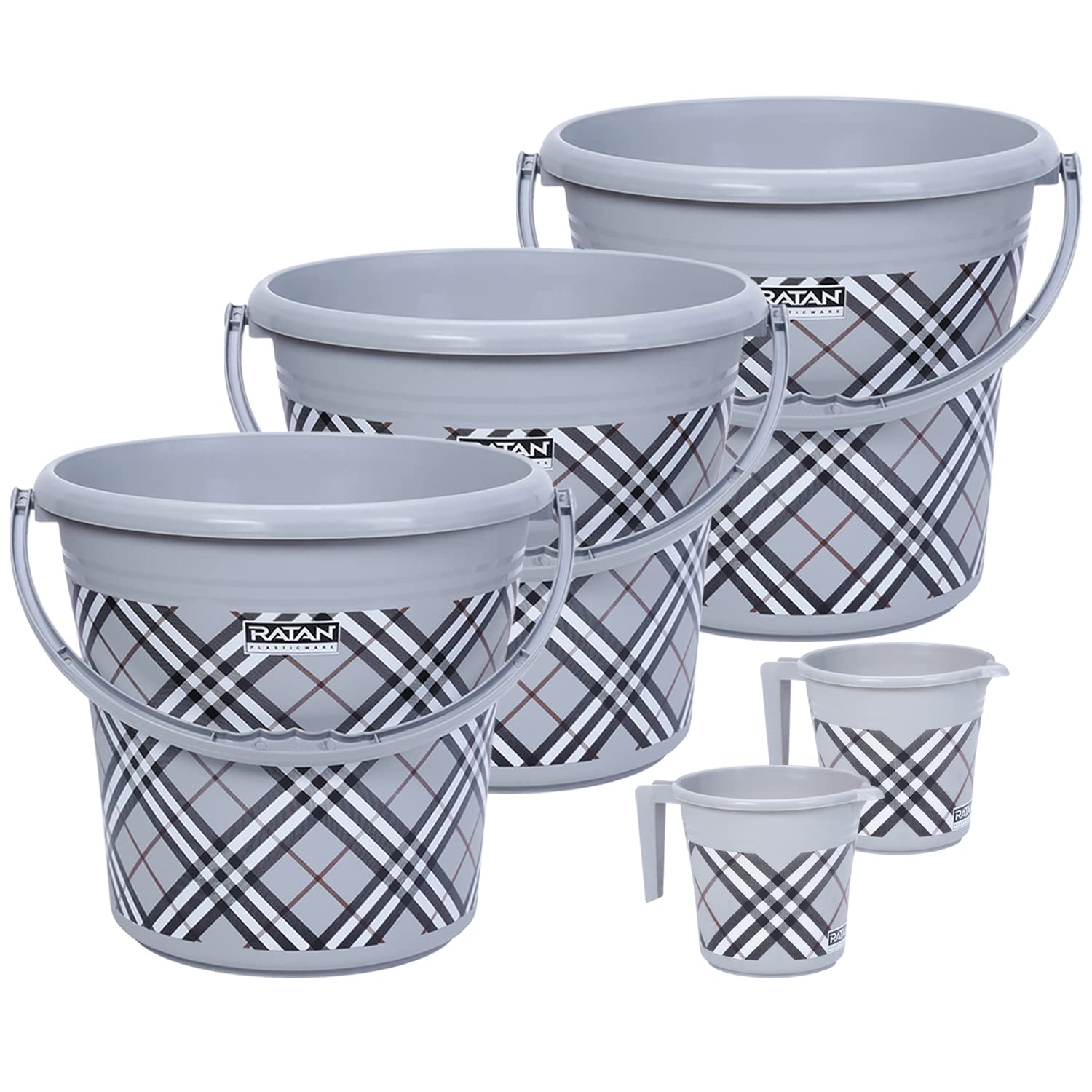 Ratan Plastics Frosty Checks Print Pack of 5 Bathroom Set (25L Bucket x 3/1.5L Mug x 2) - Grey (B09TZW3K43) Amazon Price History, Amazon Price Tracker