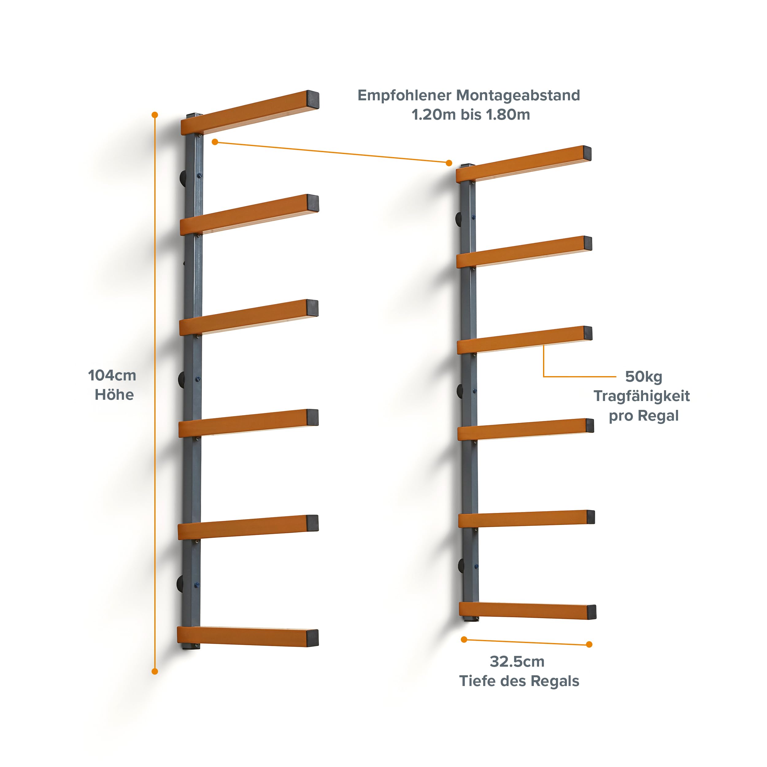 BORA Kragarmregal Wandmontage 6 Stufen 272 kg Tragkraft Schwerlast Wandregal Garage Werkstatt orange PBR-001