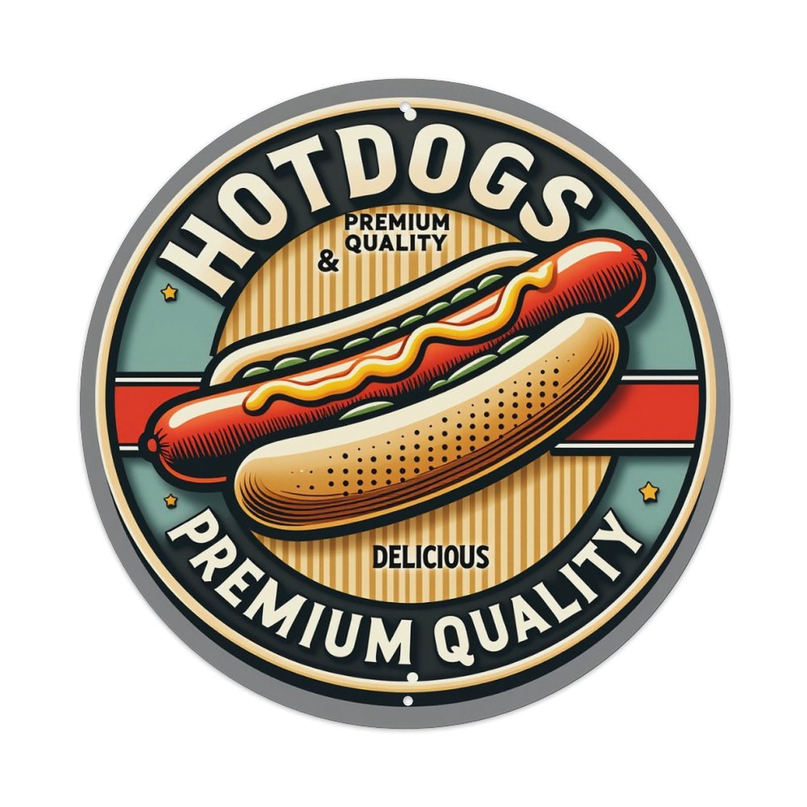 Hotdog With Mustard And Relish Round Tin Sign Vintage Metal Poster, Home Bar Garage Man Cave Cafe Indoor & Outdoor Wall Decoration 8x8Inches