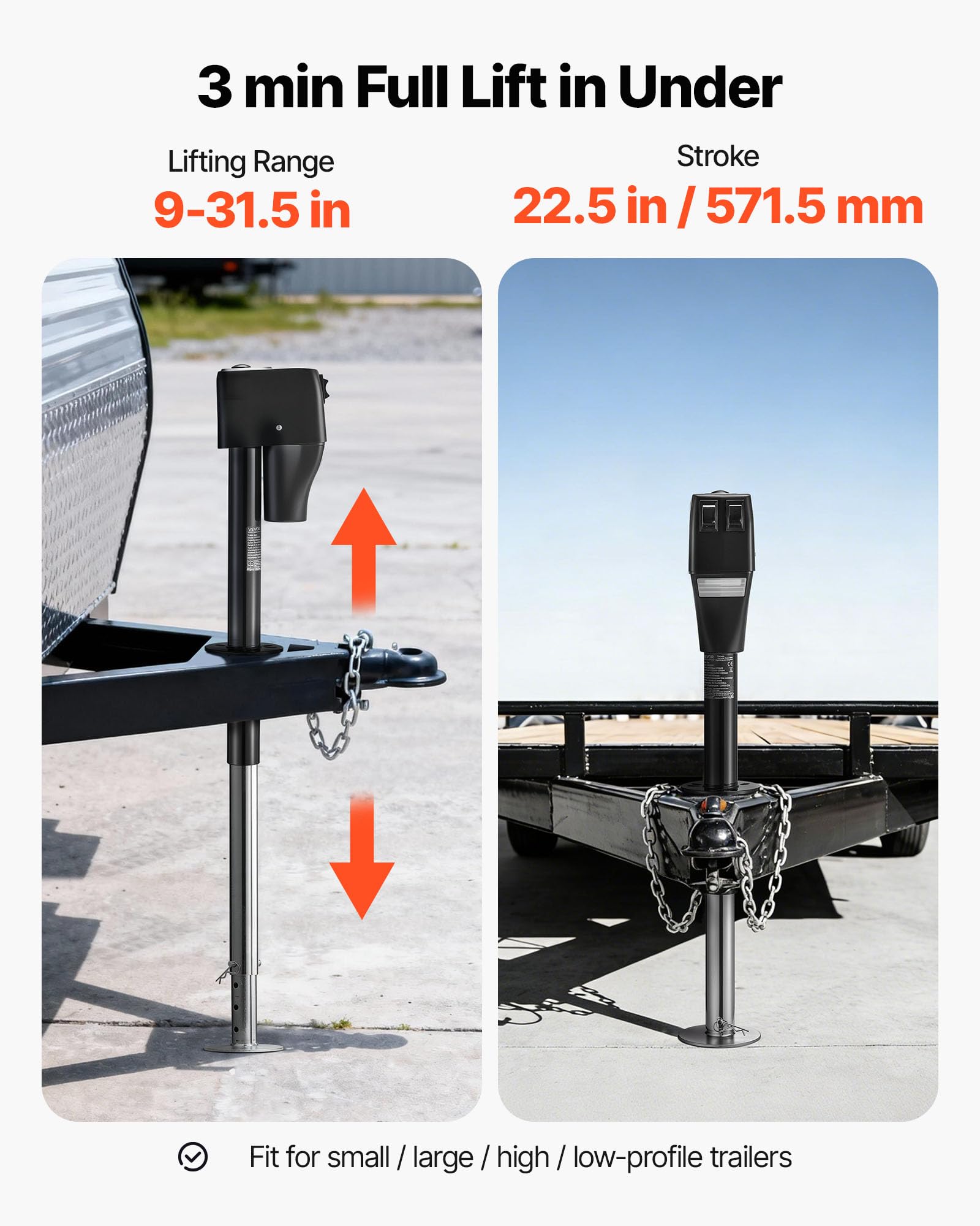 VEVOR Cric Remorque Électrique Charge 2268 kg Cric Électrique de Camping-Car Plage Levage 230-686 mm pour Caravanes Camping-cars, avec Connecteur à 13 Broches, Housse Étanche, Éclairage LED, 12 V CC