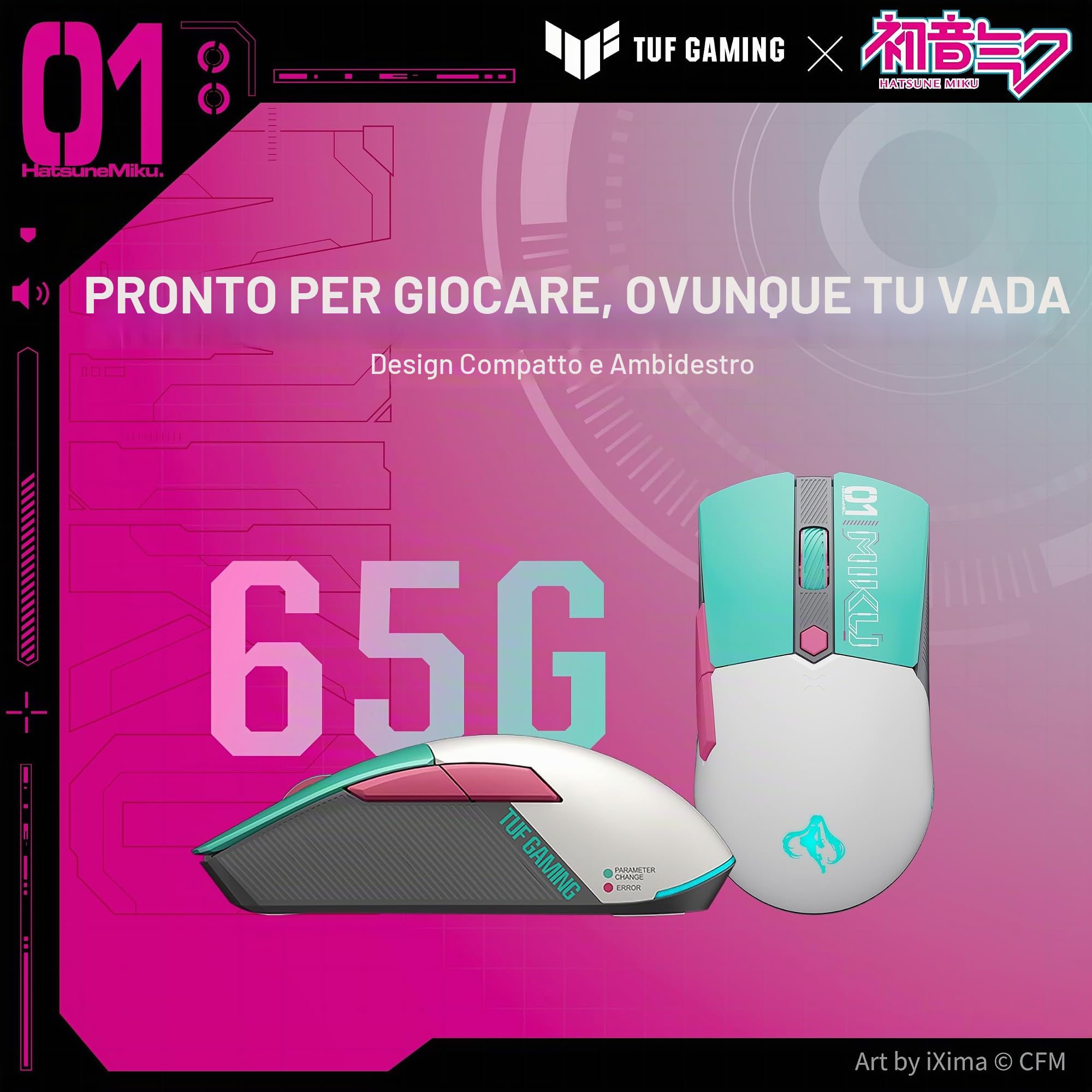 ASUS TUF Gaming Hatsune Miku Edition Mini mouse wireless – per destrorsi, 65 g, leggero, compatto, connettività tri-mode, DPI 12K, batteria fino a 134 ore, logo RGB Miku, supporto PC/Mac - Aqua