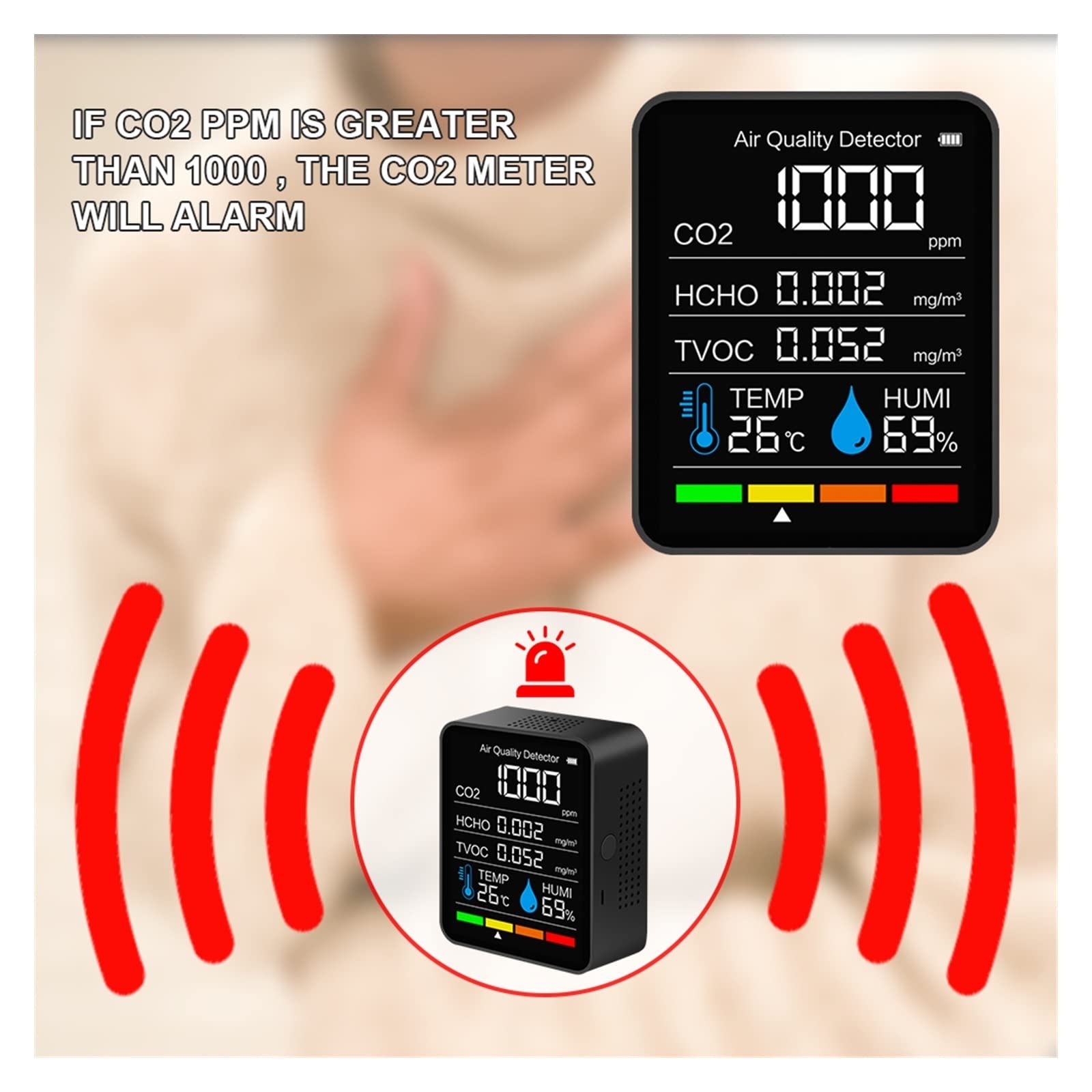 Detector de Gases, Detector de dióxido Carbono CO2 Smart Digital Temperatura Interior Sensor Humedad Probador la Calidad del Aire Monitor(Bianco)