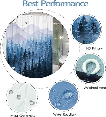 Miniatura 5 de Accnicc Stall - Juego de cortinas de ducha pequeñas de bosque brumoso azul degradado, montaña, pino, cortinas de ducha de tela impermeable para