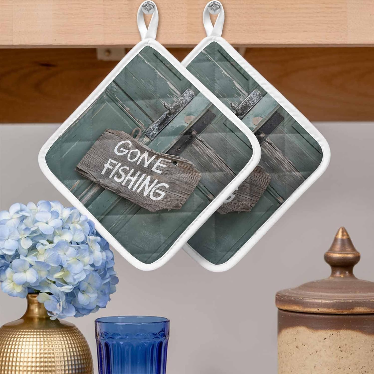 5 Pack Pot Holders for Kitchen, Farmhouse Door Hot Pads for Kitchen Countertops Oven Pot Holder Bulk, Vintage Abstract Country Wooden Door Heat Insulation Potholders with Hanging Loops