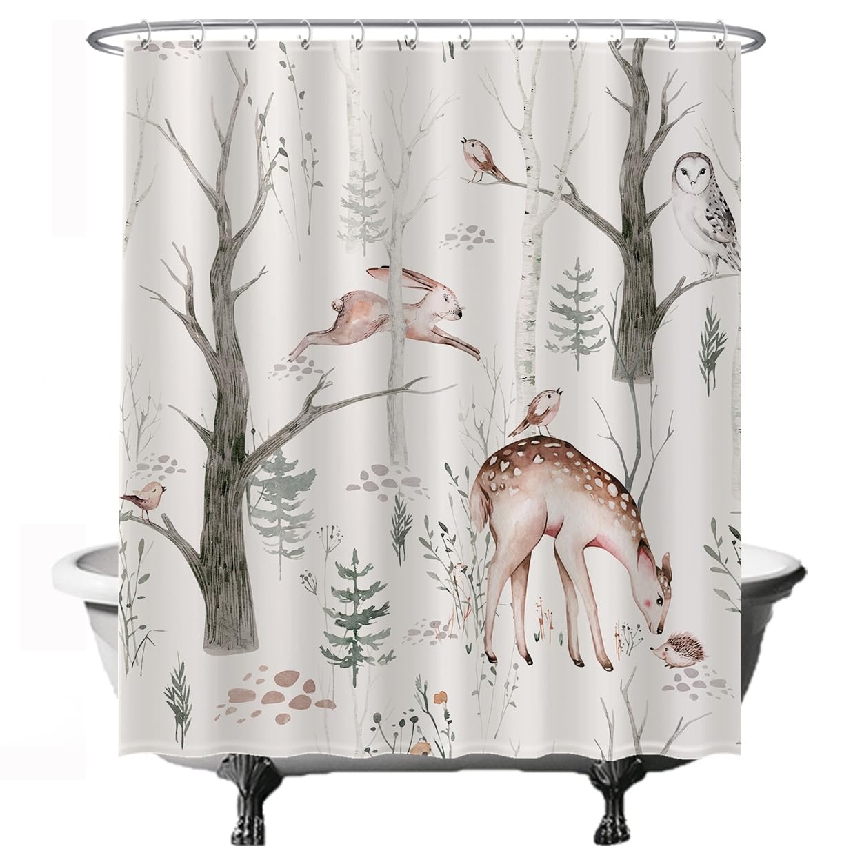 Ulticool Shower Curtain, Owl Bird Deer Animals Nature Watercolor, 180 x 200 cm, Washable, Anti Mold, Waterproof
