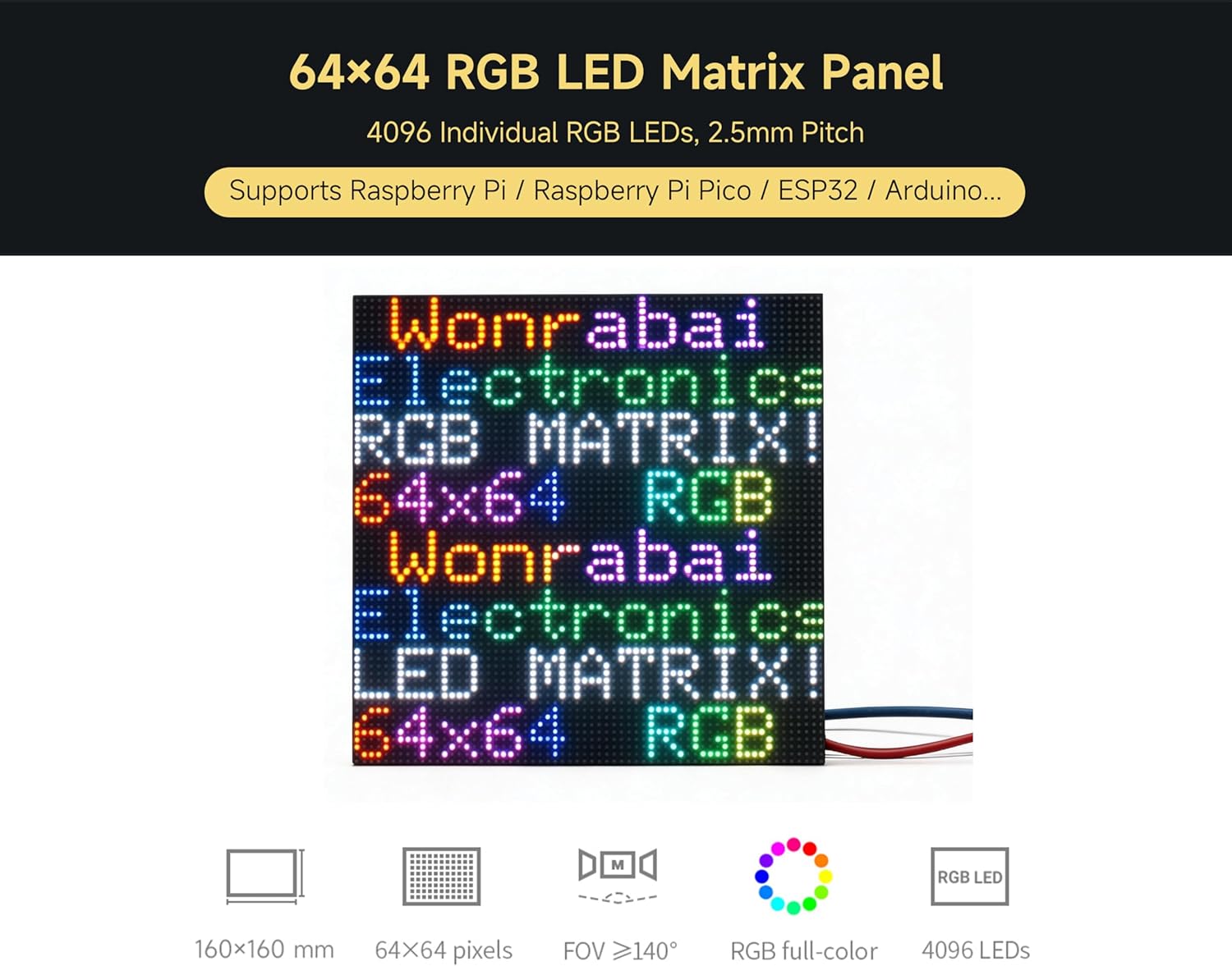 64x64 4096 RGB Full-Color LED Matrix Panel, 2.5mm Pitch 64×64 Pixels, Adjustable Brightness, Compatible with Raspberry Pi 5/4B/3B/Zero W/Zero 2W/Pico W/Pico 2W, ESP32 / Ardui, etc.