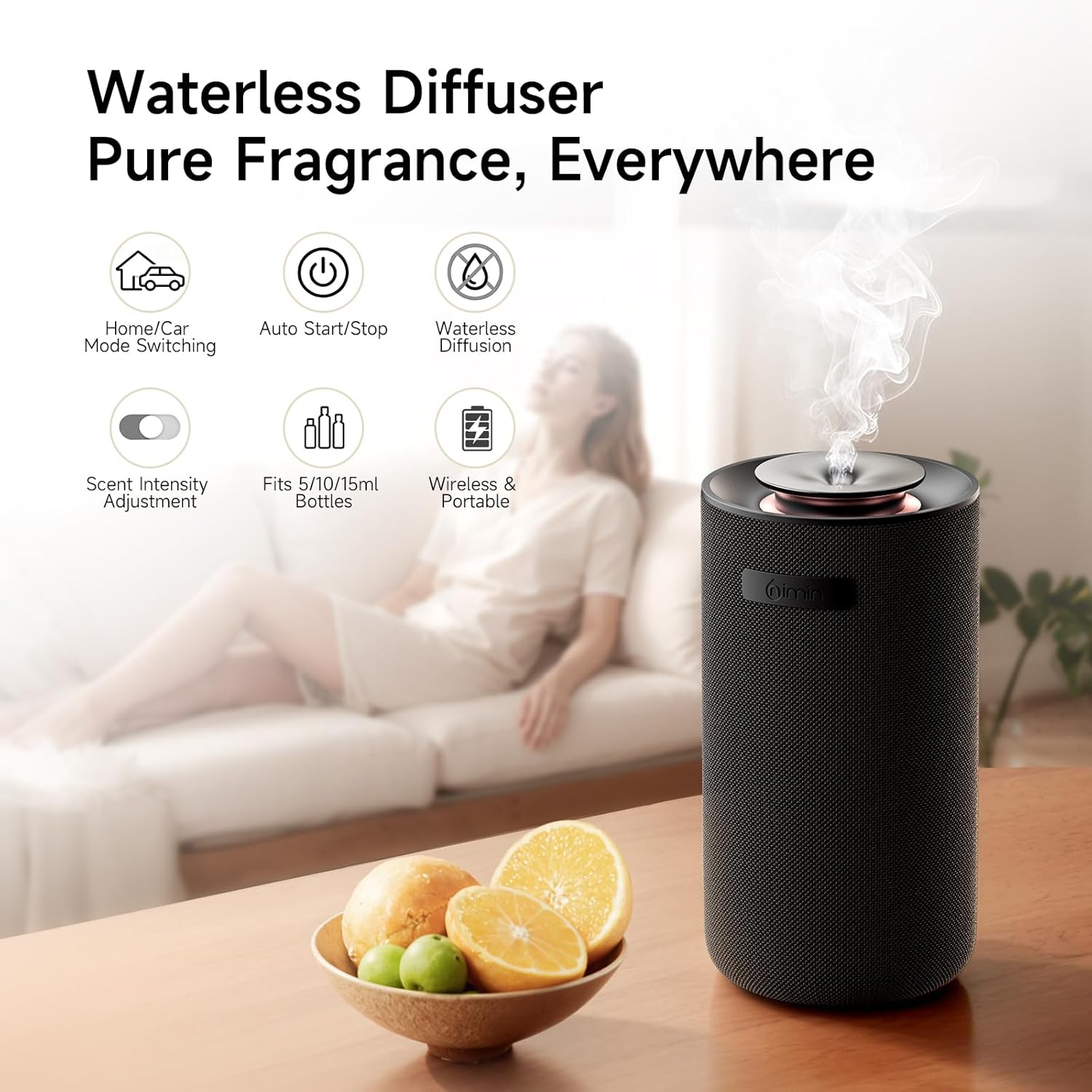 Waterless Car Diffuser & Home Aromatherapy Diffuser with Ignition-Activated Start/Stop | Cordless Portable Car Air Freshener for Essential Oils 5/10/15ml | Adjustable Scent, 2-in-1 Home/Car Mode