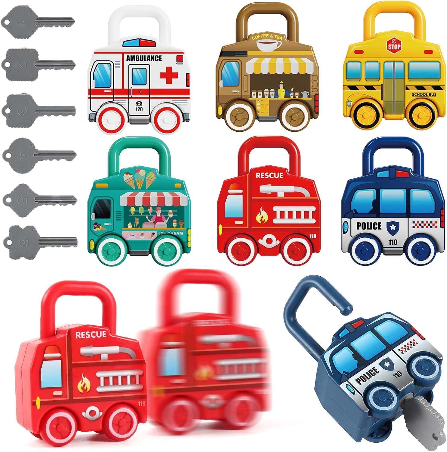 BeFunky Montessori Learning Lock and Key Car Toys, Vehicle Sensory Matching & Sorting Early Number Learning Toddler Busy Board for Preschool Children for Boys and Girls 18+ Months Old-image-10