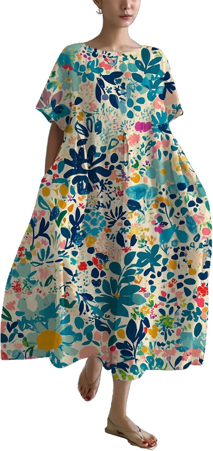 Summer Dress for Women Flower Floral Maxi Causal Crewneck Trendy Vacation Plus Size Sundress