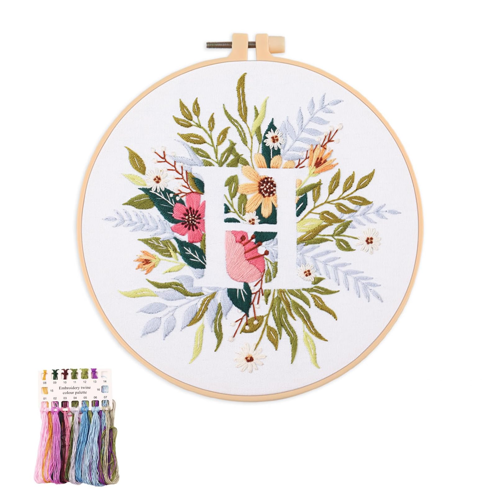 artcici Embroidery Kits Plant Flower Leaf English Letter Patterns for Beginners Adults, Full Range Embroidery Starter Kits Cross Stitch Needlework Supplies (Letter H)
