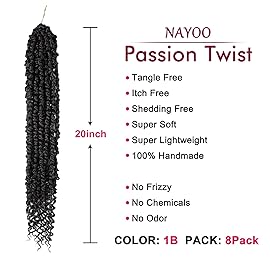 Passion Twist Hair - 8 Packs 20 Inch Passion Twist Crochet Hair For Women, Crochet Pretwisted Curly Hair Passion Twists Synthetic Braiding Hair Extensions (20 Inch 8 Packs, 1B)