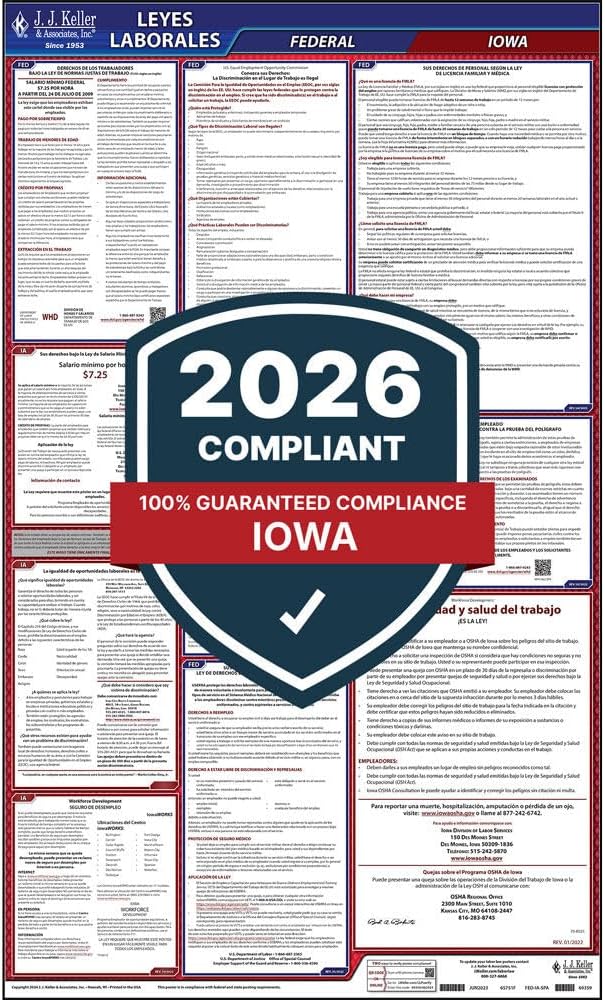 2026 Iowa and Federal Labor Law Poster (Spanish, IA State) - OSHA Compliant All-in-One Laminated Poster, J. J. Keller & Associates, Inc.