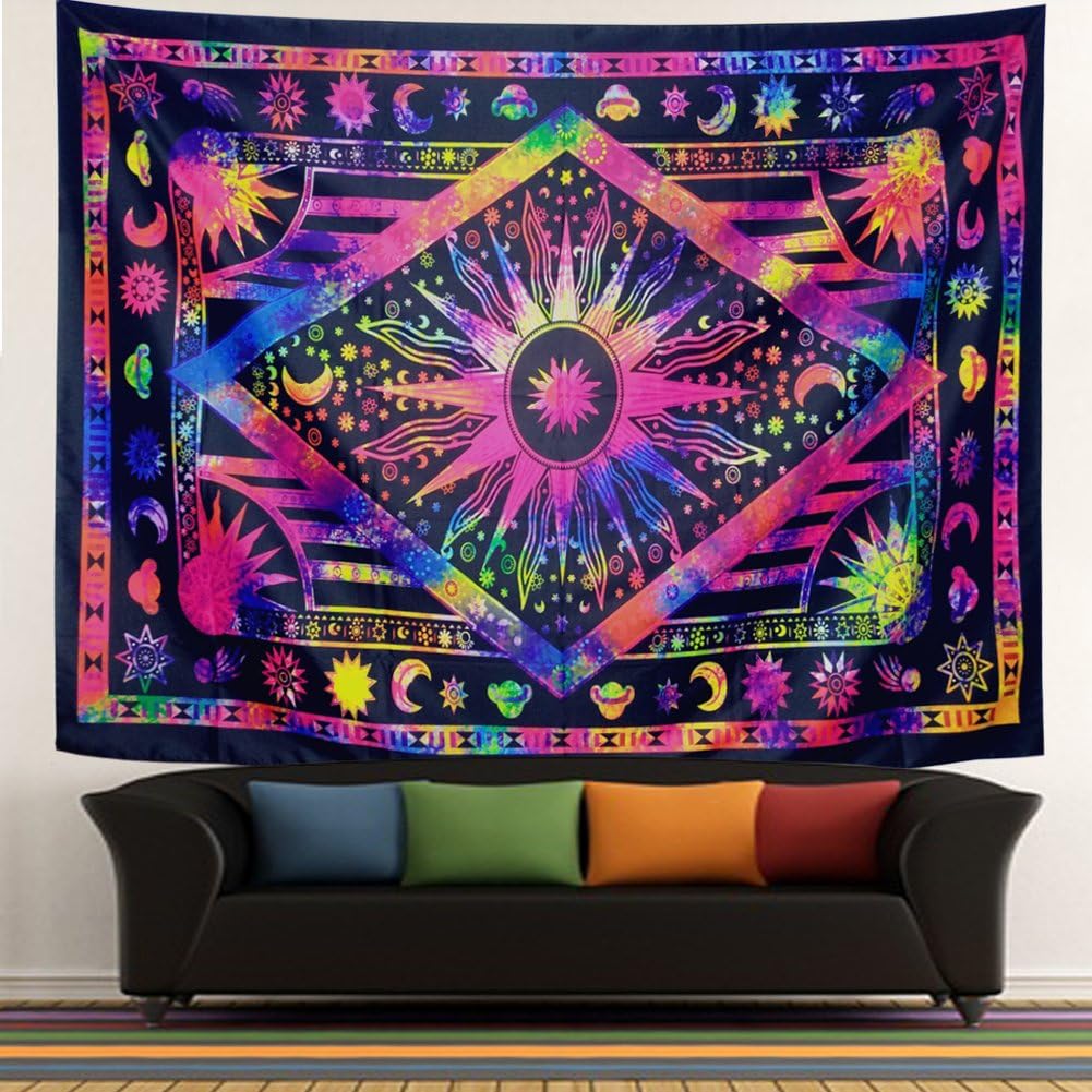 Racunbula Tapestry Psychedelic Celestial Sun and Moon Tapestry Bohemian Stars Planet Wall Tapestries Tie Dye Purple Burning Sun Tapestry Galaxy Mandala Boho Hippie Tapestry Wall Hanging