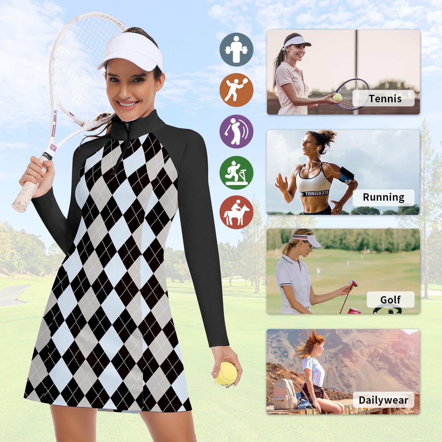 WOWENY Women's Tennis Dress Long Sleeve Golf Dresses with Shorts Zip Front Golf Outfits UPF 50+ Workout Athletic Dresses