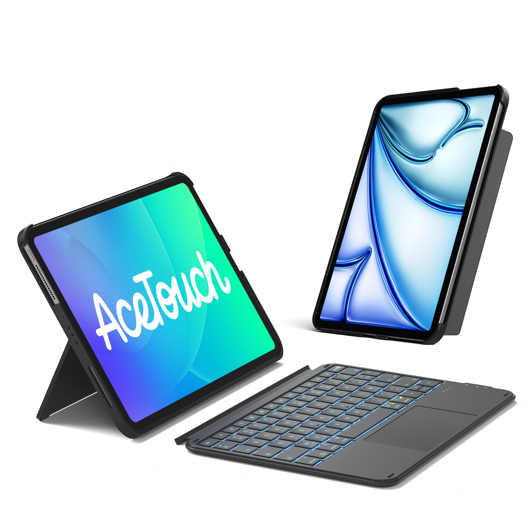 Inateck Coque Clavier iPad A16 11e/10e Gén, Air 11" M4/M3/M2, Air 5/4, Pro 11 4e-1re – AZERTY sans Fil, Détachable Magnétique, Rétroéclairage 7 Couleurs, Pavé Tactile, Ultra-Léger, Noir