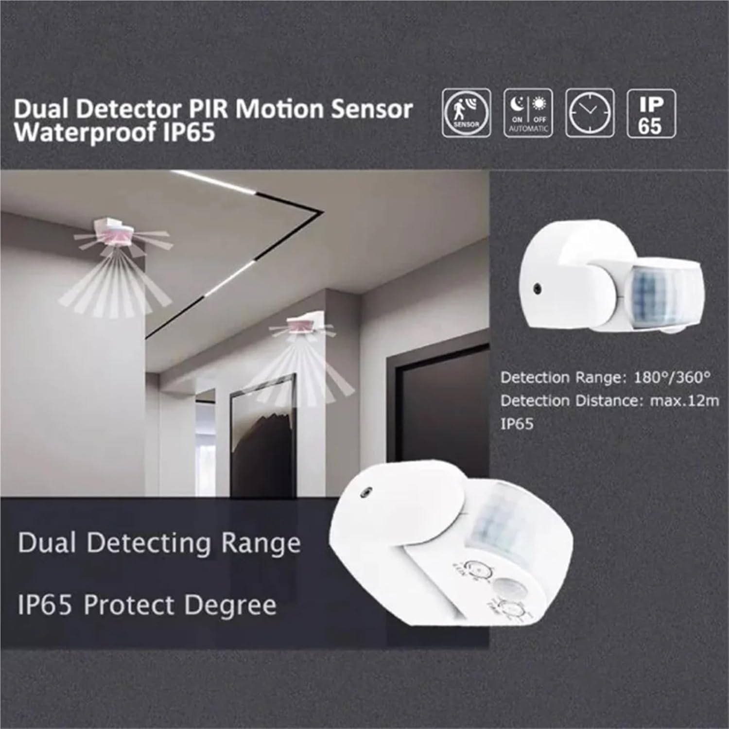 Double Probe Motion Sensor AC 220V-240V PIR Motion Detector Automatic 180 ° Switch Light Outdoor Infrared Sensor IP65 Waterproof(Black)